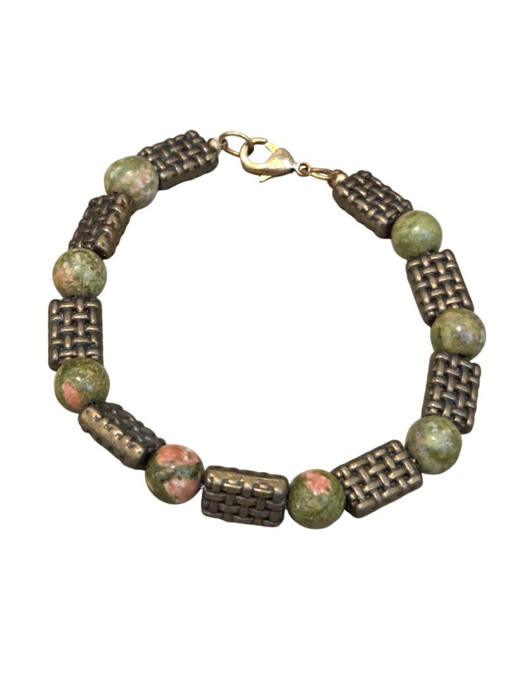 Vintage Unakite Gemstone & Brass Beaded 8" Bracelet
